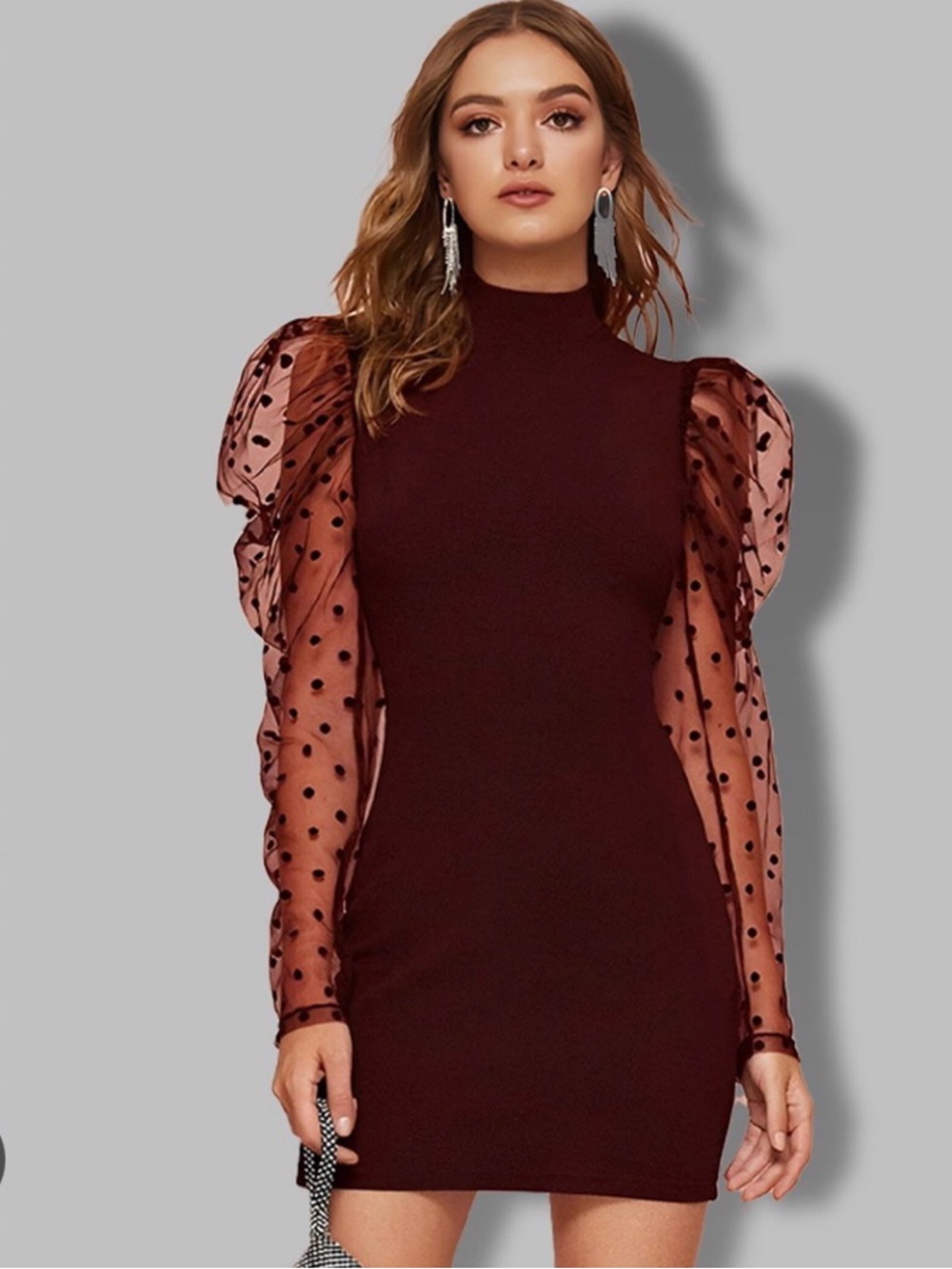 SHEIN Burgundy Mini Dress with Sheer Polka Dot Puff Sleeves
